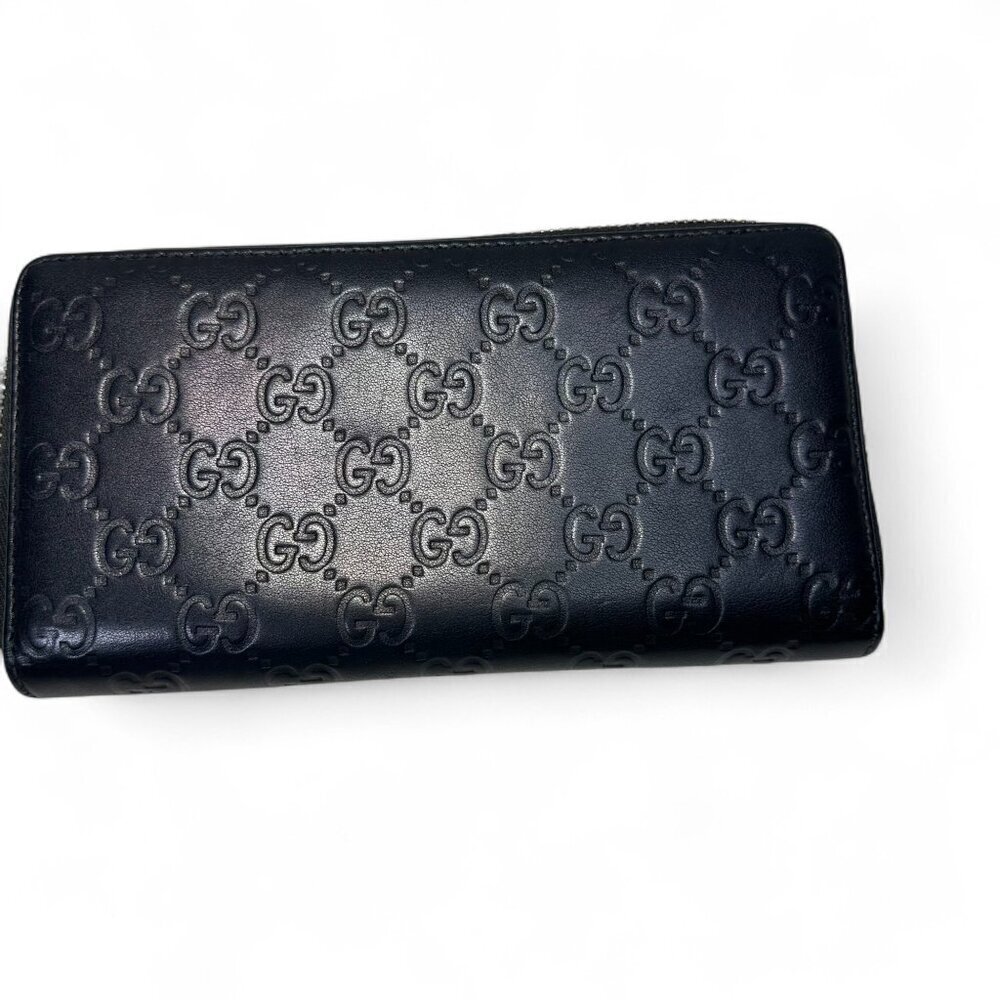 GUCCI Guccissima Leather Zip Around Long Wallet, Black GG Embossed - Picture 7 of 15